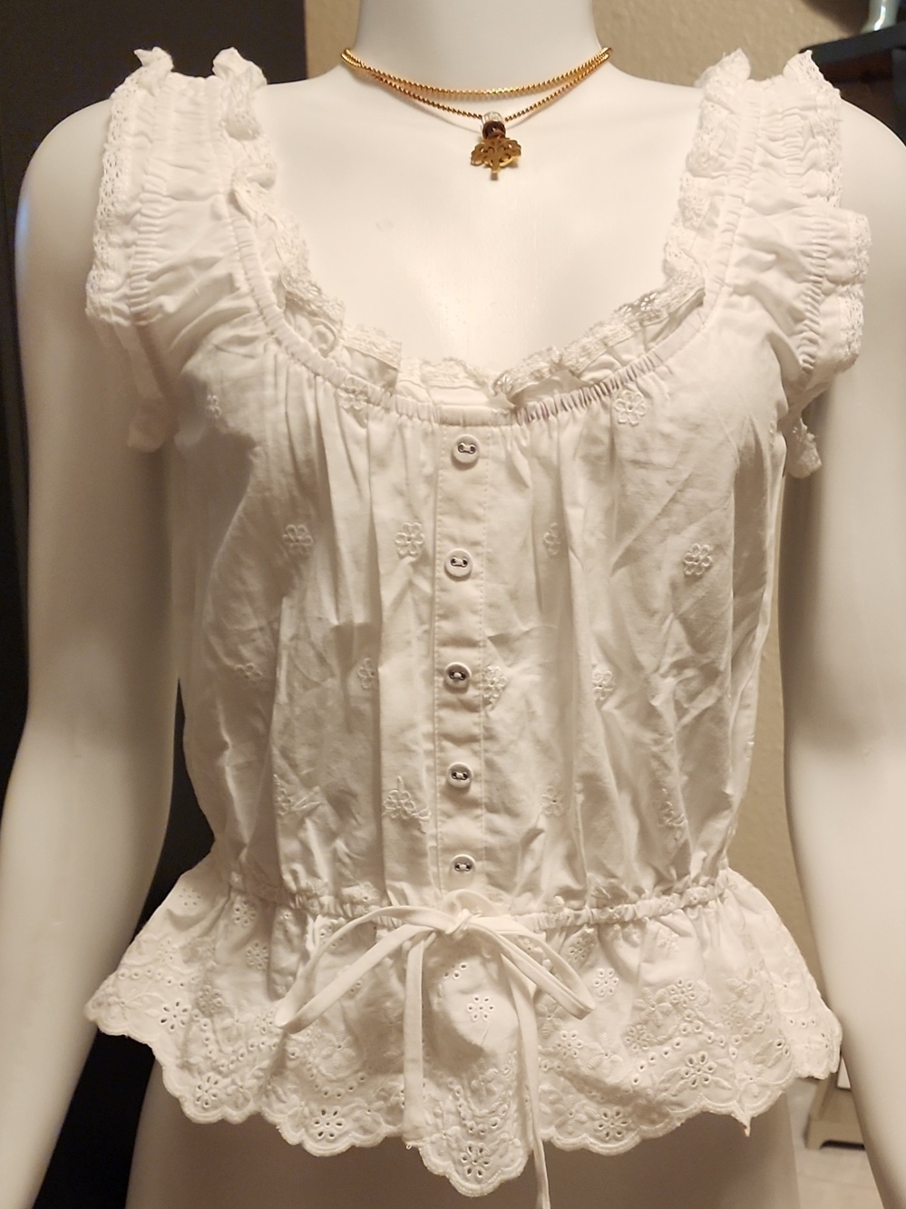 wild fable White Eyelet Ruffle Tie-Waist Button Front Top
